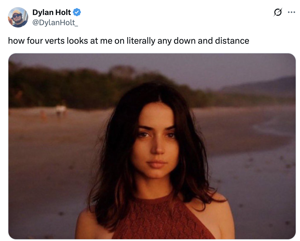 A "tweet":https://knowyourmeme.com/memes/sites/twitter-x using the Ana de Armas Beach Look photo, captioned, "How four verts looks at me on literally any down and distance."