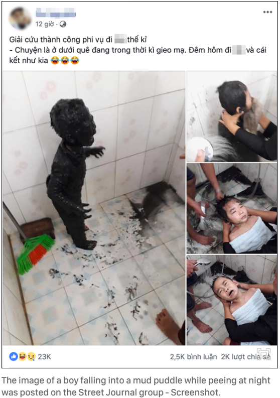 A Facebook post about a kid who fell in a puddle of mud and got covered. The post shares photos of the boy covered in mud.