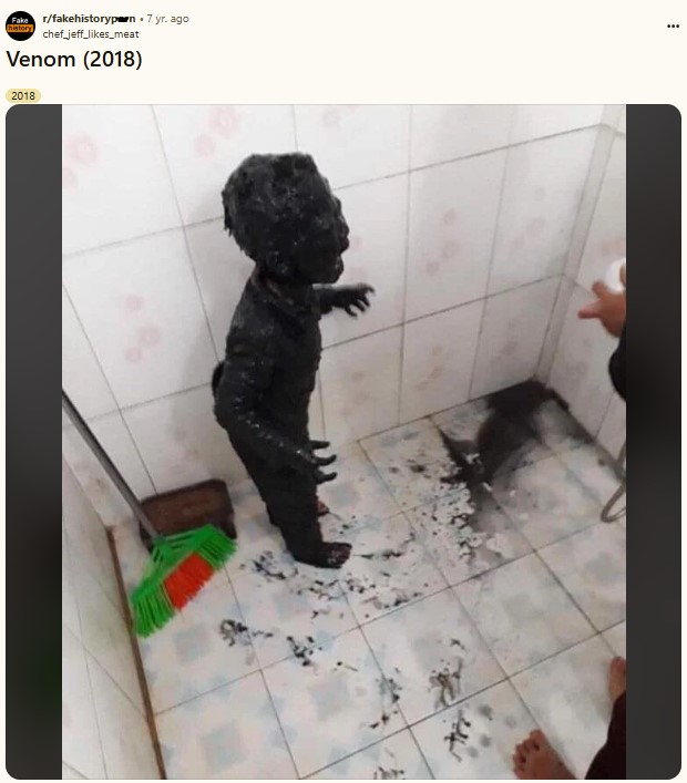 A meme posted to the /r/FakeHistoryp--n subreddit. The post calls a kid covered in mud Venom.