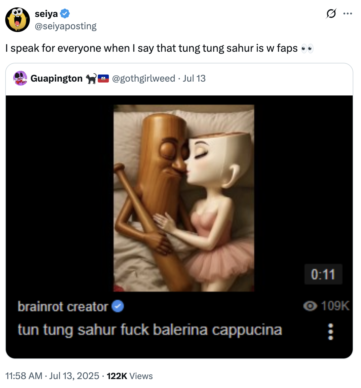 A "tweet":https://knowyourmeme.com/memes/sites/twitter-x joking that the "AI":https://knowyourmeme.com/memes/cultures/ai-artificial-intelligence "brainrot":https://knowyourmeme.com/memes/brain-rot-brainrot characters "Tung Tung Tung Sahur":https://knowyourmeme.com/memes/tung-tung-tung-sahur and "Ballerina Cappuccina":https://knowyourmeme.com/memes/ballerina-cappuccina-italian-brainrot.