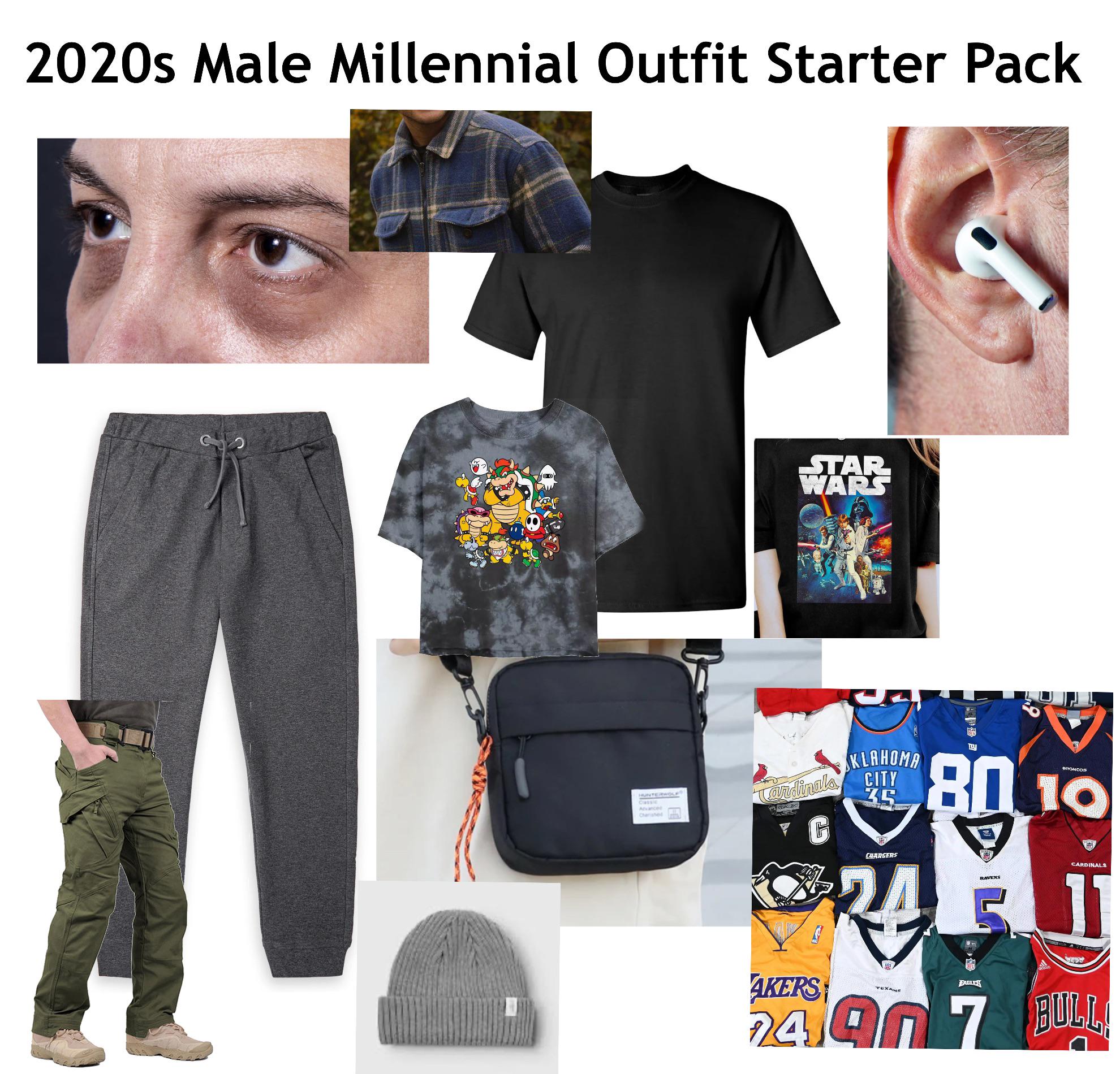 2020s Male Millennial Outfit Starter Pack STAR WARS Cardinals KLAHOMA CITY 35 80 10 BRONCOS H CHARGERS CARDINALS AKERS EAGLES 24907 BULL
