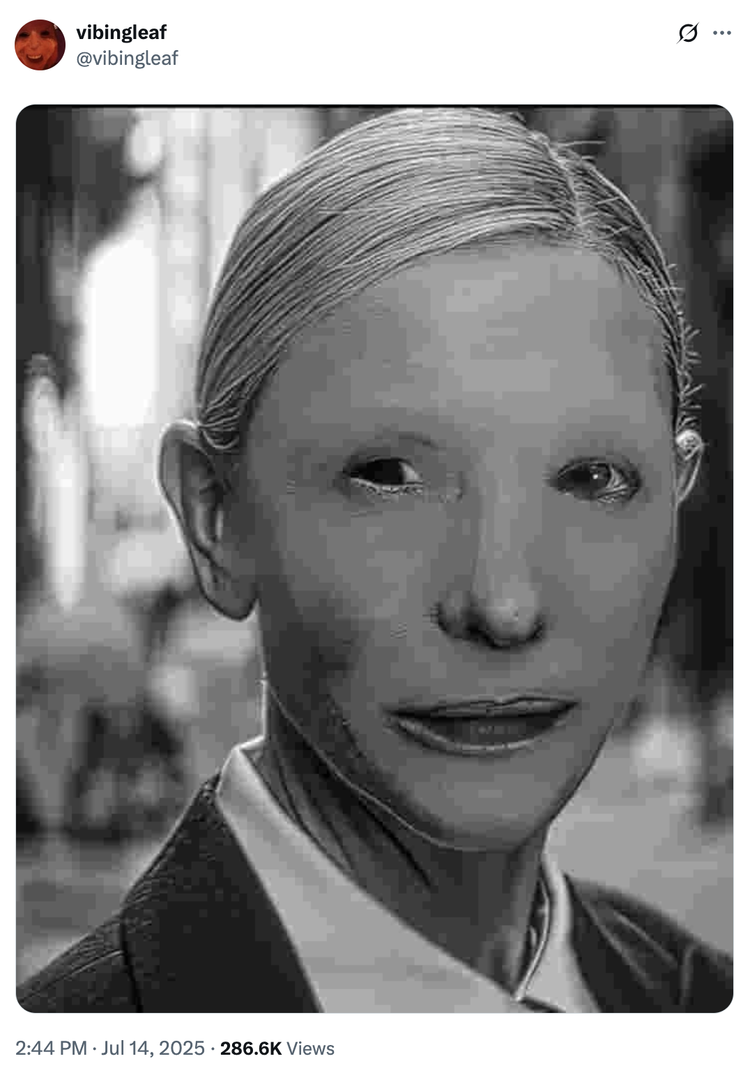 X user @vibingleaf posted an edited version of the Cate Blanchett _Squid Game_ meme, depicting her with all the lines on her face smoothed out.