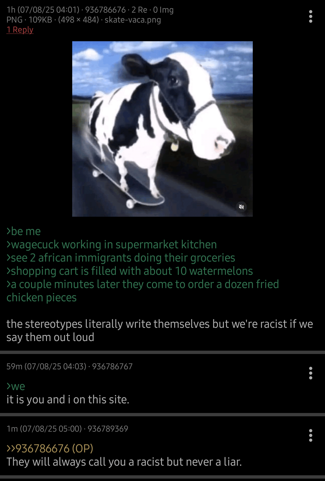 1h (07/08/25 04:01) 936786676.2 Re- 0 Img PNG. 109KB. (498 × 484) · skate-vaca.png 1 Reply 0 >be me >wagecuck working in supermarket kitchen >see 2 african immigrants doing their groceries >shopping cart is filled with about 10 watermelons >a couple minutes later they come to order a dozen fried chicken pieces the stereotypes literally write themselves but we're racist if we say them out loud 59m (07/08/25 04:03) 936786767 >we it is you and i on this site. 1m (07/08/25 05:00) 936789369 >>936786676 (OP) They will always call you a racist but never a liar.