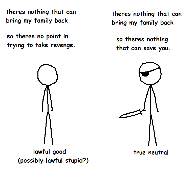 theres nothing that can bring my family back so theres no point in trying to take revenge. theres nothing that can bring my family back so theres nothing that can save you. lawful good (possibly lawful stupid?) true neutral
