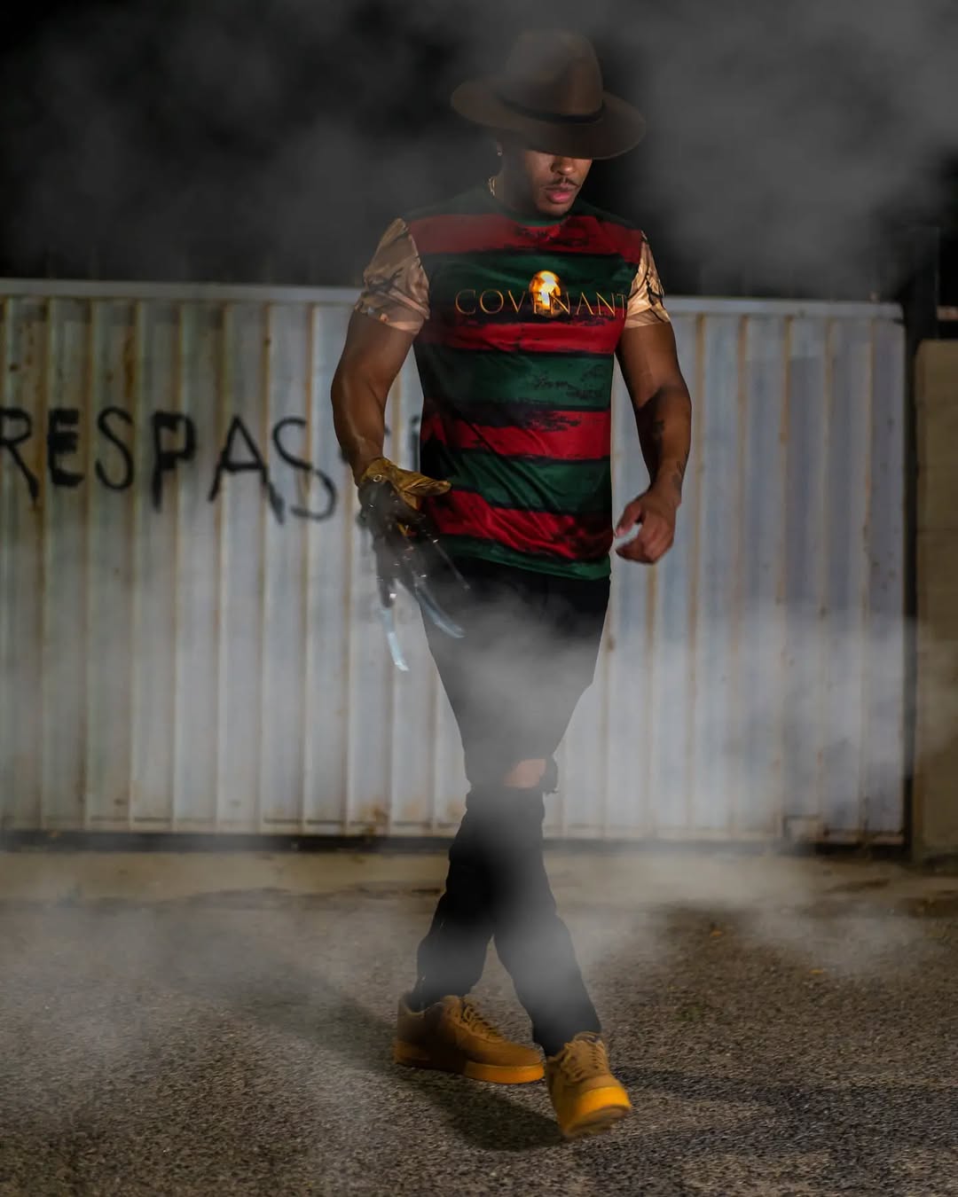 A photo of streamer "Low Tier God":https://knowyourmeme.com/memes/people/low-tier-god, also known as LTG or Dale Wilson, wearing an outfit inspired by the character "Freddy Krueger":https://knowyourmeme.com/memes/smoking-freddy-krueger from the _A Nightmare on Elm Street_ horror film franchise.