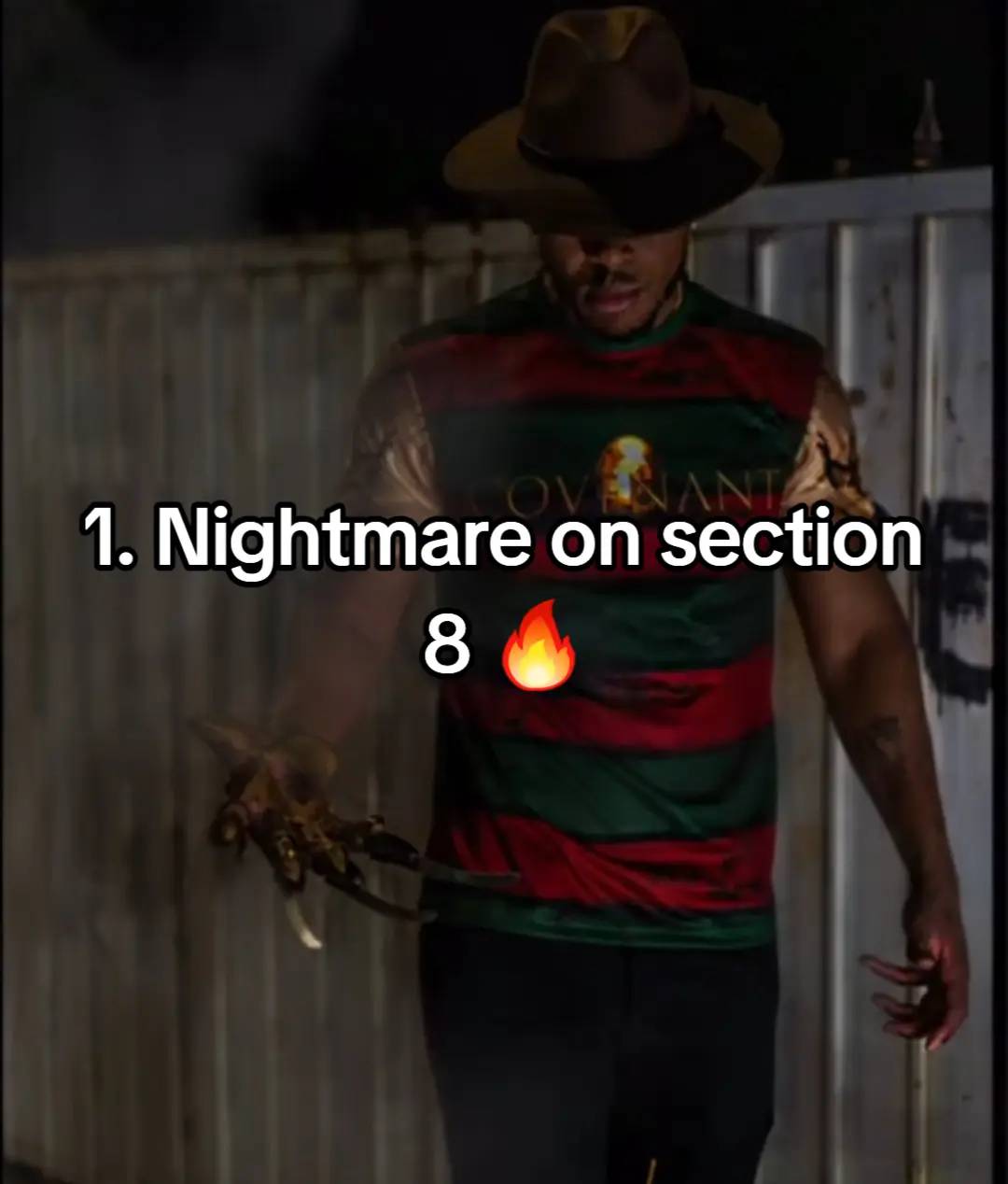 A TikTok":https://knowyourmeme.com/memes/sites/tiktok "photo":https://knowyourmeme.com/memes/sites/tiktok-photo-slideshows-photo-mode meme, showing streamer "Low Tier God":https://knowyourmeme.com/memes/people/low-tier-god, also known as LTG or Dale Wilson, wearing an outfit inspired by the character "Freddy Krueger":https://knowyourmeme.com/memes/smoking-freddy-krueger from the _A Nightmare on Elm Street_ horror film franchise.