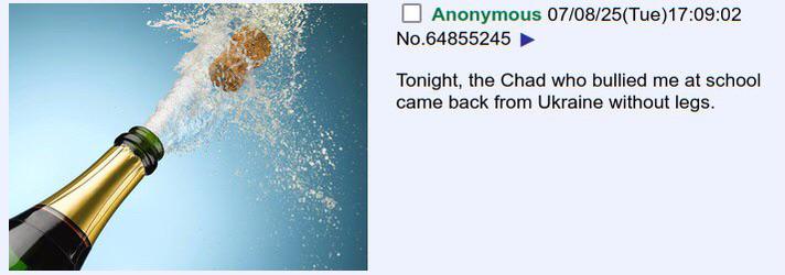 Anonymous 07/08/25 (Tue)17:09:02 No.64855245 Tonight, the Chad who bullied me at school came back from Ukraine without legs.