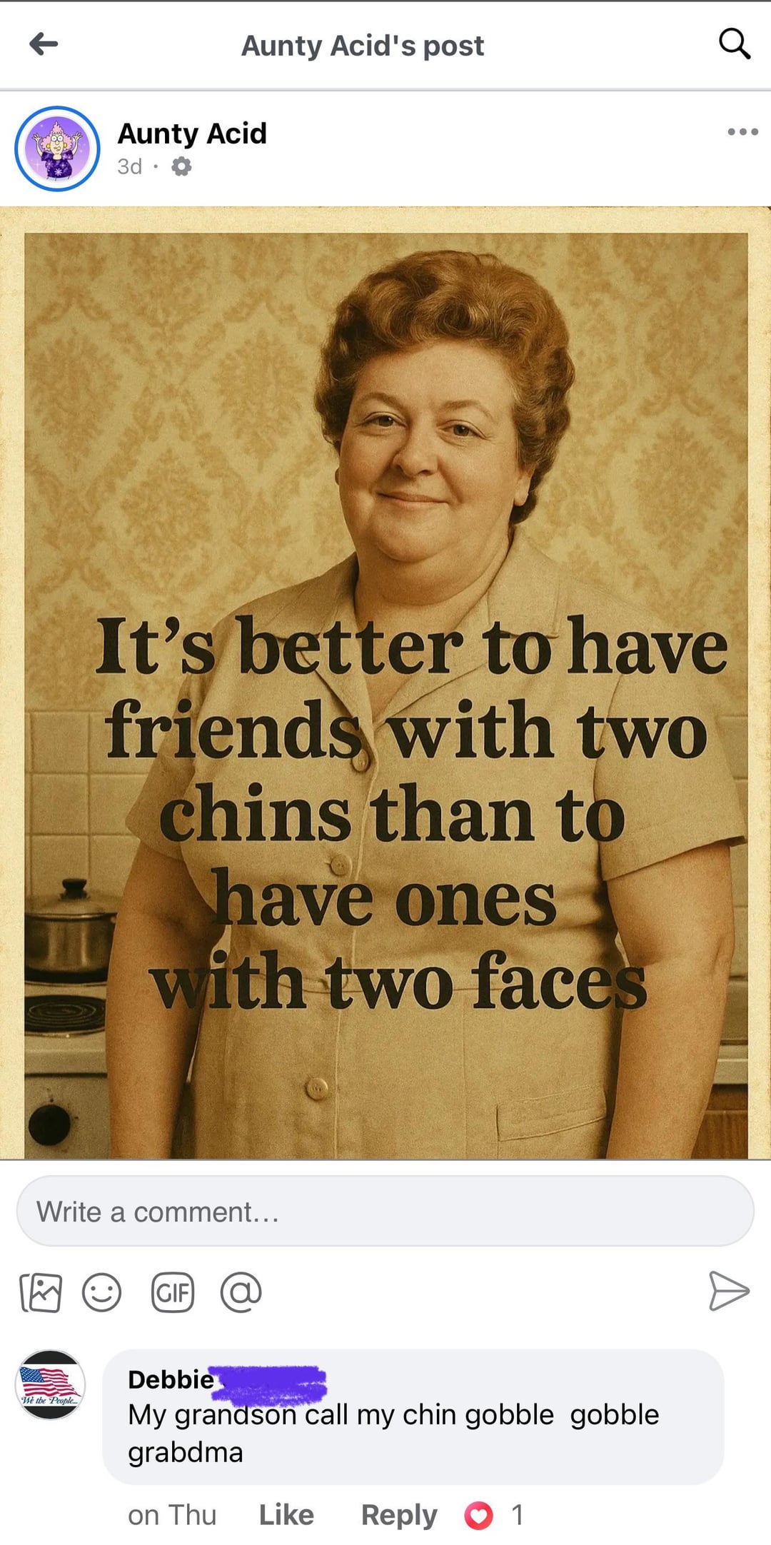 11 Aunty Acid's post Aunty Acid 3d. It's better to have friends with two chins than to have ones with two faces Write a comment... We the People... CIF @ Debbie My grandson call my chin gobble gobble grabdma on Thu Like Reply 1