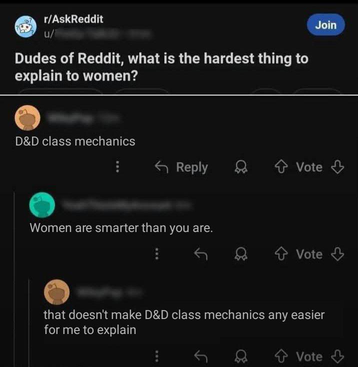 r/AskReddit u/ Dudes of Reddit, what is the hardest thing to explain to women? Join D&D class mechanics Reply Vote Women are smarter than you are. Vote ↓ that doesn't make D&D class mechanics any easier for me to explain ✰ Vote