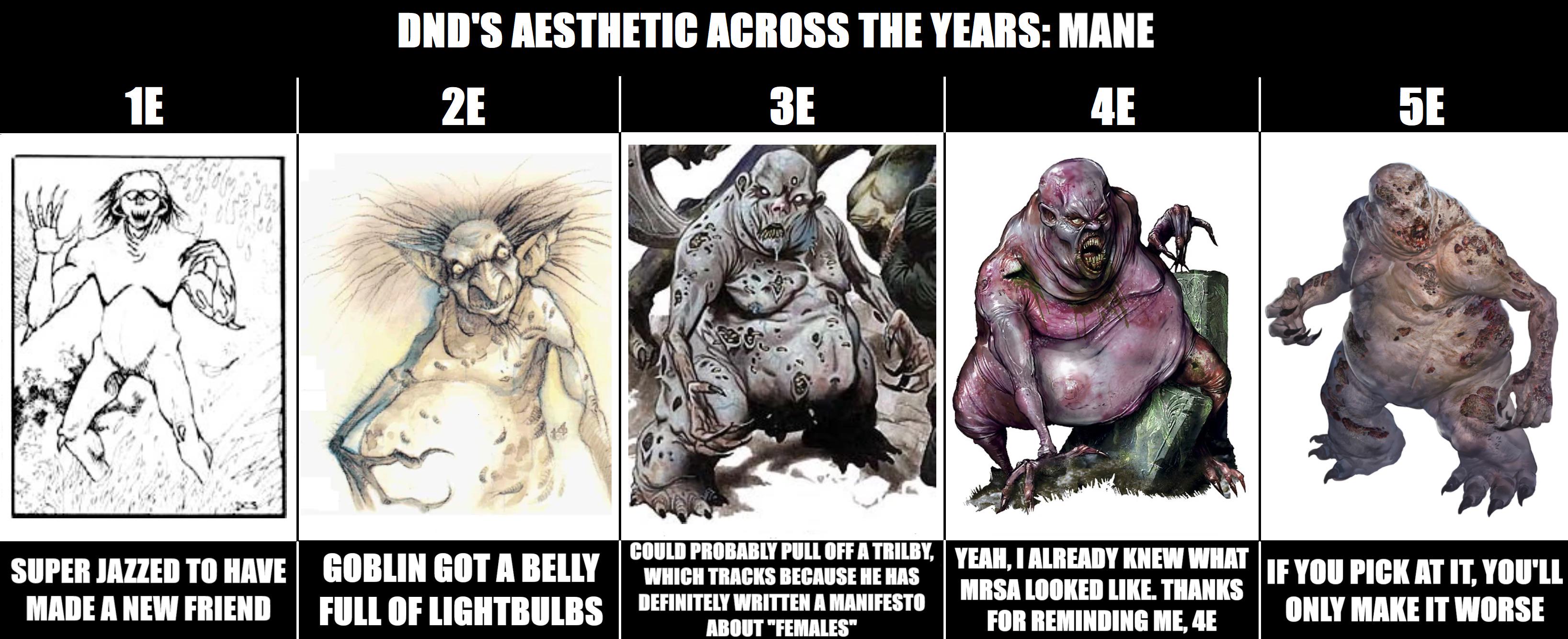DND'S AESTHETIC ACROSS THE YEARS: MANE 1E 2E SUPER JAZZED TO HAVE MADE A NEW FRIEND GOBLIN GOT A BELLY FULL OF LIGHTBULBS 3E 4E 5E COULD PROBABLY PULL OFF A TRILBY, YEAH, I ALREADY KNEW WHAT IF YOU PICK AT IT, YOU'LL WHICH TRACKS BECAUSE HE HAS DEFINITELY WRITTEN A MANIFESTO ABOUT "FEMALES" MRSA LOOKED LIKE. THANKS FOR REMINDING ME, 4E ONLY MAKE IT WORSE