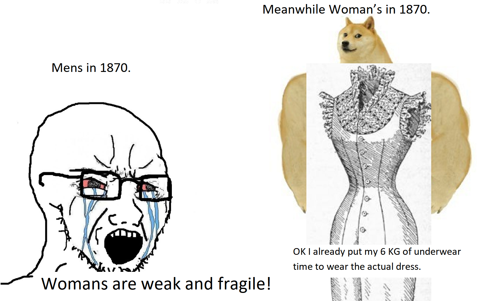 Mens in 1870. Meanwhile Woman's in 1870. Womans are weak and fragile! OK I already put my 6 KG of underwear time to wear the actual dress.