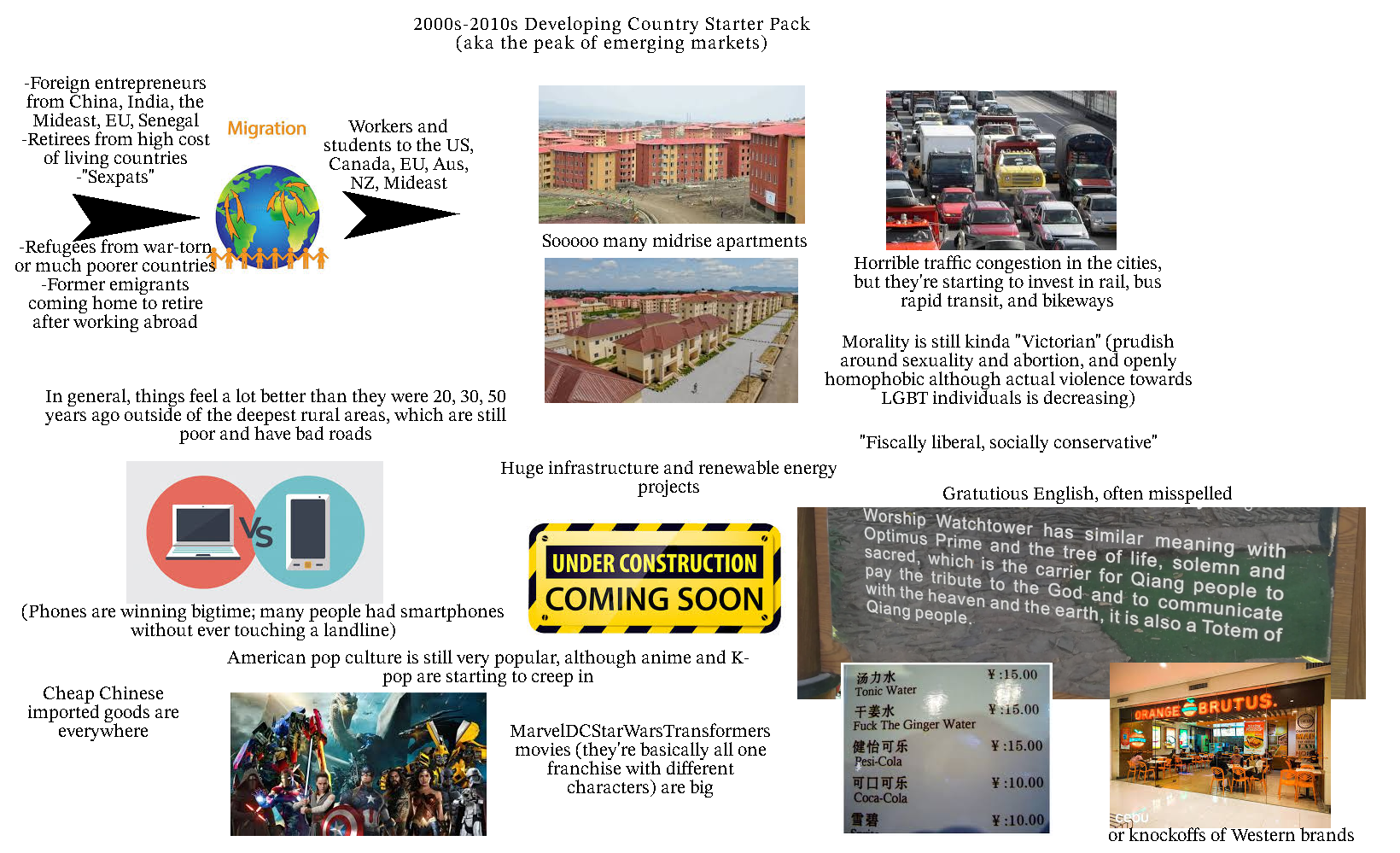 -Foreign entrepreneurs from China, India, the Mideast, EU, Senegal -Retirees from high cost of living countries -"Sexpats" Migration 2000s-2010s Developing Country Starter Pack (aka the peak of emerging markets) Workers and students to the US, Canada, EU, Aus, NZ, Mideast -Refugees from war-torn or much poorer countries -Former emigrants coming home to retire after working abroad In general, things feel a lot better than they were 20, 30, 50 years ago outside of the deepest rural areas, which are still poor and have bad roads Vs (Phones are winning bigtime; many people had smartphones without ever touching a landline) Cheap Chinese imported goods are everywhere Sooooo many midrise apartments Horrible traffic congestion in the cities, but they're starting to invest in rail, bus rapid transit, and bikeways Morality is still kinda "Victorian" (prudish around sexuality and abortion, and openly homophobic although actual violence towards LGBT individuals is decreasing) Huge infrastructure and renewable energy projects UNDER CONSTRUCTION COMING SOON American pop culture is still very popular, although anime and K- pop are starting to creep in MarvelDCStarWars Transformers movies (they're basically all one franchise with different characters) are big "Fiscally liberal, socially conservative" Gratutious English, often misspelled Worship Watchtower has similar meaning with Optimus Prime and the tree of life, solemn and sacred, which is the carrier for Qiang people to pay the tribute to the God and to communicate with the heaven and the earth, it is also a Totem of Qiang people. 汤力水 ¥:15.00 Tonic Water 干姜水 ¥:15.00 F--- The Ginger Water ORANGE BRUTUS. 健怡可乐 ¥:15.00 Pesi-Cola 可口可乐 ¥:10.00 Coca-Cola 雪碧 ¥:10.00 cebu or knockoffs of Western brands