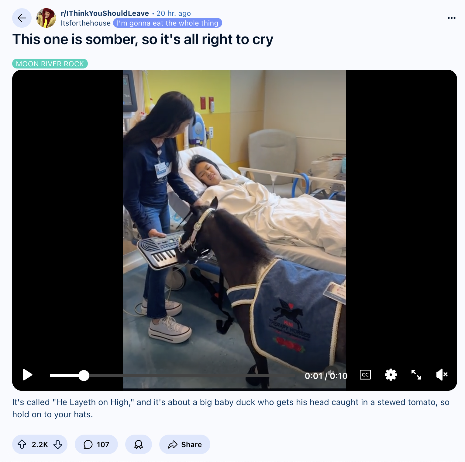 Redditor /u/Itsforthehouse reposted the video of Black Pearl playing the piano for a hospitalized child coming out of anesthesia to the subreddit /r/IThinkYouShouldLeave, gathering over 2,000 upvotes for a post that read, "This one is somber, so it's all right to cry."