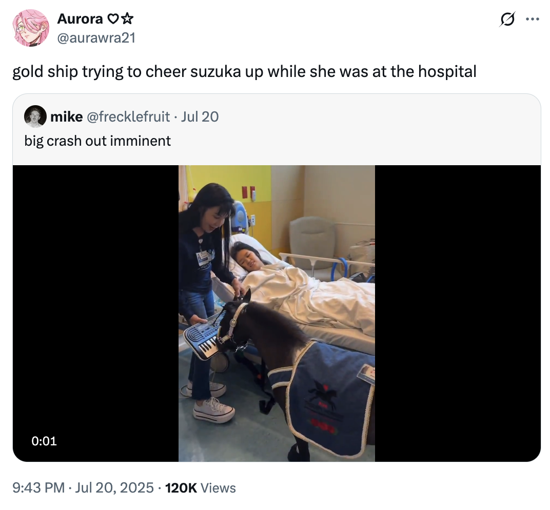 X user @aurawra21 tweeted the video of a horse playing a piano in a children's hospital, writing, "gold ship trying to cheer suzuka up while she was at the hospital," in reference to the game _Uma Musume: Pretty Derby_.