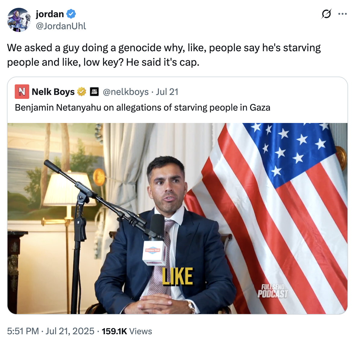A "quote-tweet":https://knowyourmeme.com/memes/quote-retweets-qrts humorously adopting "Gen Z":https://knowyourmeme.com/memes/cultures/generation-z-gen-z-zoomers "slang":https://knowyourmeme.com/memes/internet-slang to mock the Nelk Boys in their interview with Benjamin Nentanyahu.