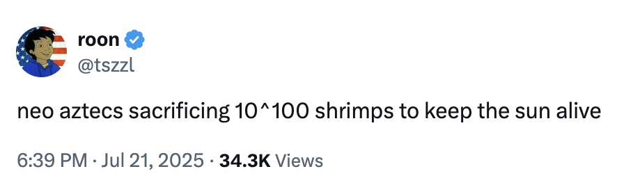 X user Roon tweeted, "neo aztecs sacrificing 10^100 shrimps to keep the sun alive" to joke about the "10^100 Shrimp" essay, gathering over 800 likes in a day.