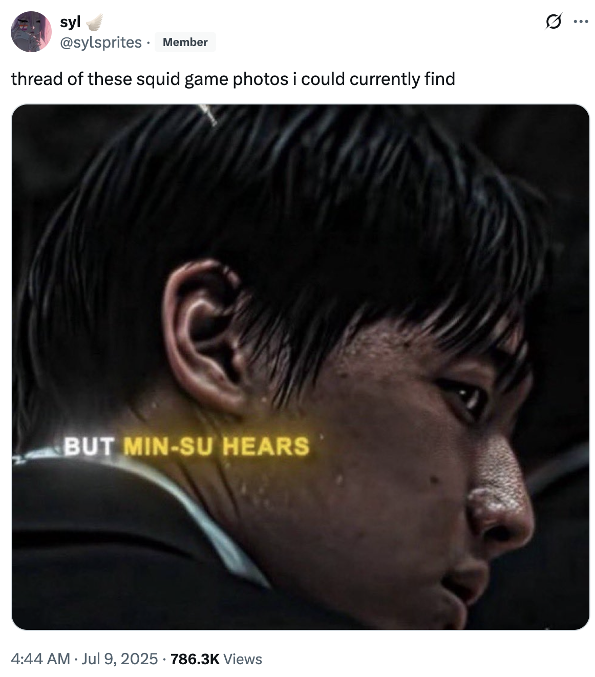 syl @sylsprites Member thread of these squid game photos i could currently find BUT MIN-SU HEARS 4:44 AM • Jul 9, 2025 786.3K Views
