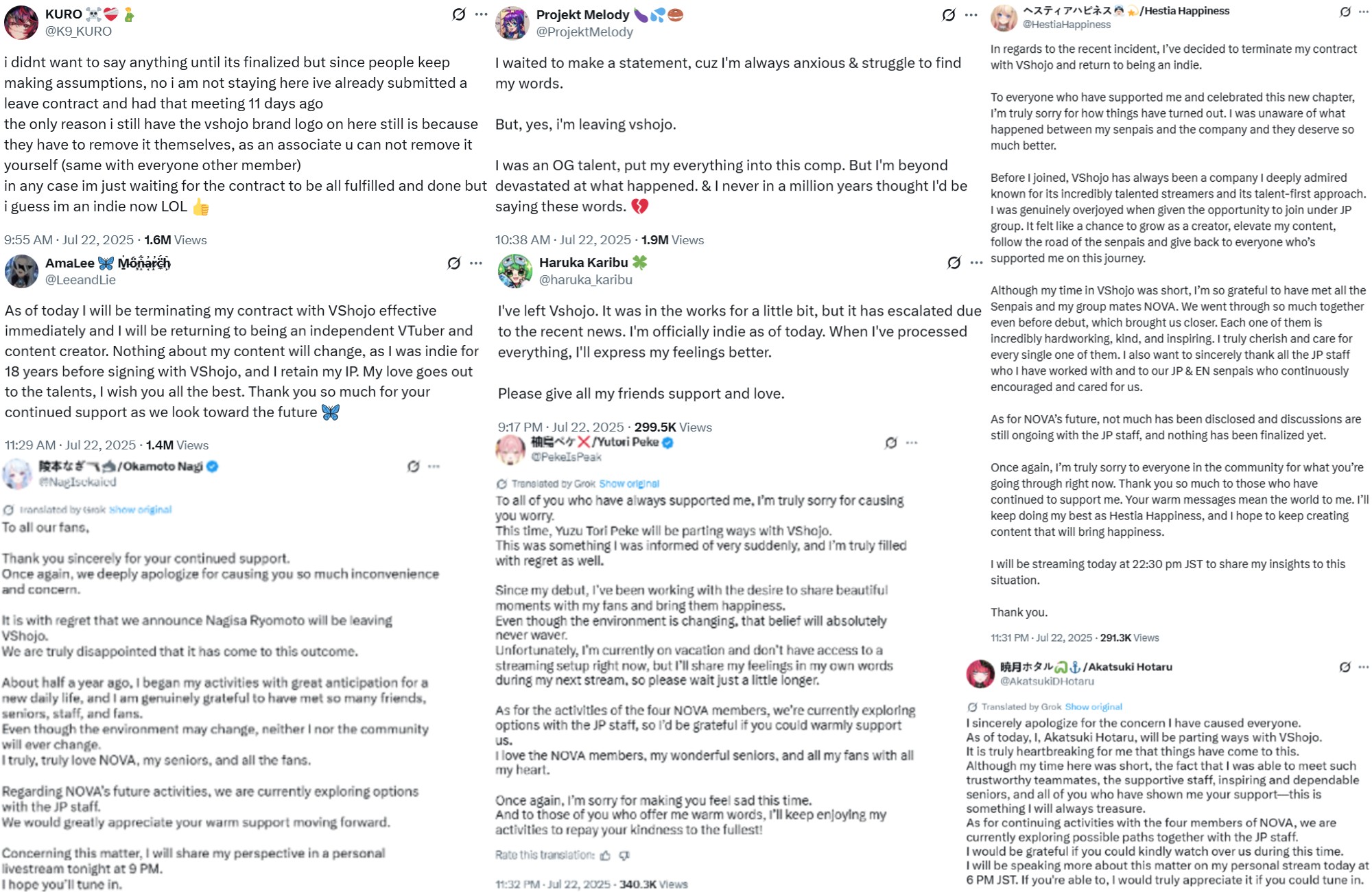 A compilation of statements by VTubers who are leaving VShojo. There are eight VTubers here who have left the company after the Ironmouse incident.