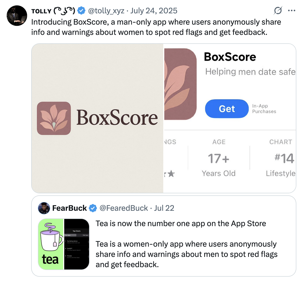 X user @tolly_xyz posted about an app called "BoxScore," writing, "Introducing BoxScore, a man-only app where users anonymously share info and warnings about women to spot red flags and get feedback."