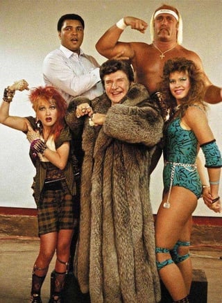 At Westlemania 1985 Liberace, Hulk Hogan, Muhammad Ali, Wendi Richter, and Cindi Lauper