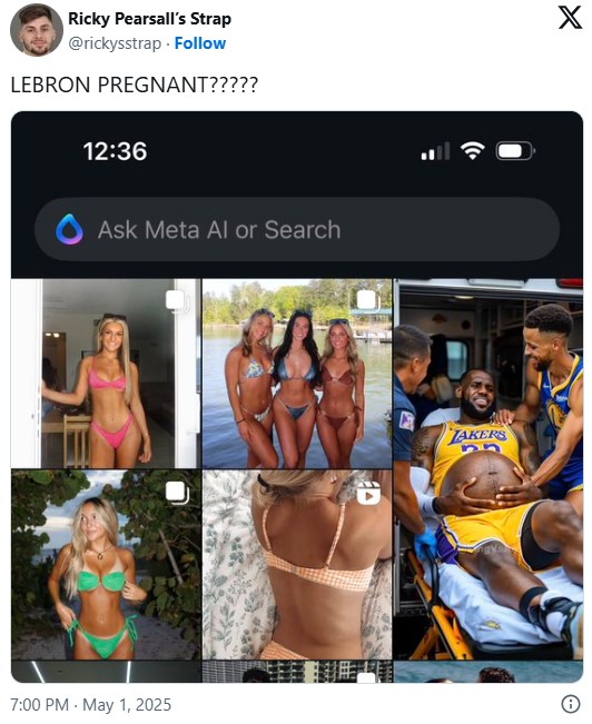 A tweet sharing a screenshot of someone's instagram Discover page. The page is full of bikini-wearing women and an Mpreg LeBron AI video.