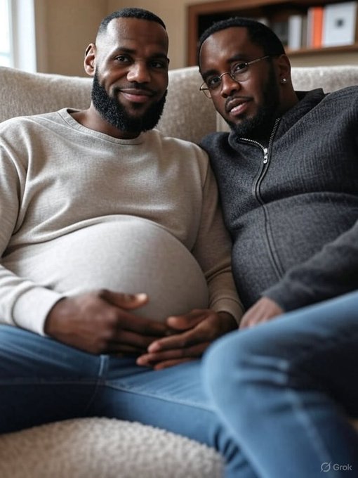An AI-generated image of LeBron pregnant with Diddy's baby. Diddy and he are wearing nice sweaters.