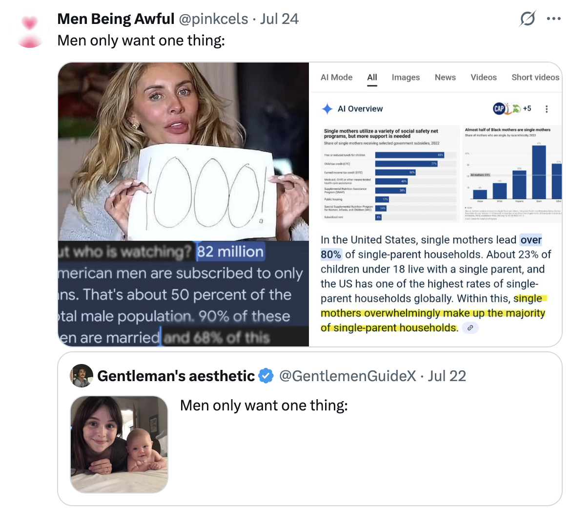 A "quote-tweet":https://knowyourmeme.com/memes/quote-retweets-qrts of the "Men only want one thing" tweet with a photo of Acacia Clark and her baby.