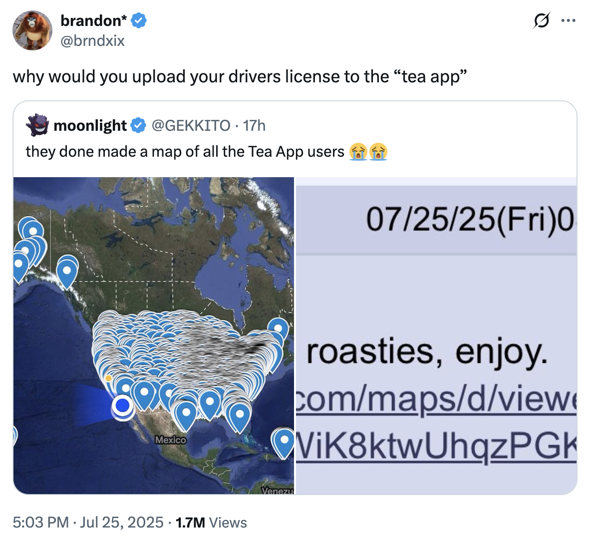 X user @brndxix tweeted, "why would you upload your drivers license to the “tea app”" in response to the news that thousands of users had their selfies, drivers licenses and data leaked.