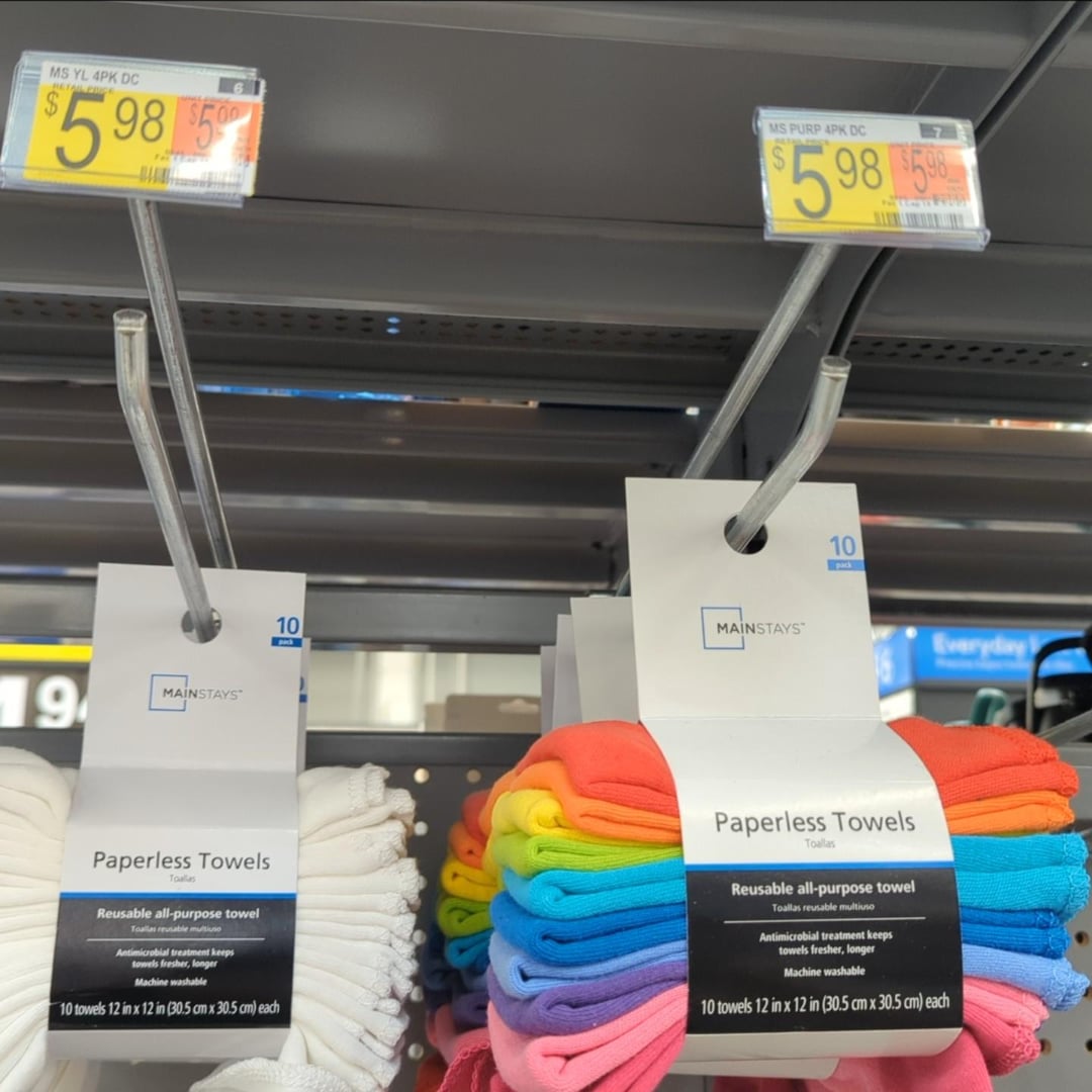 MS YL 4PK DC RETAIL P $598 5 MS PURP 4PK DC $5.985 19 MAINSTAYS 10 MAINSTAYS 10 pack Everyday Paperless Towels Toallas Reusable all-purpose towel Toallas reusable multiuso Antimicrobial treatment keeps towels fresher, longer Machine washable 10 towels 12 in x 12 in (30.5 cm x 30.5 cm) each Paperless Towels Toallas Reusable all-purpose towel Toallas reusable multiuso Antimicrobial treatment keeps towels fresher, longer Machine washable 10 towels 12 in x 12 in (30.5 cm x 30.5 cm) each