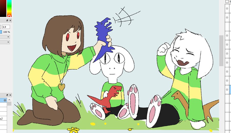 Undertale / Deltarune art by X user SecondQuinn. The art shows Togore playing with his brothers.