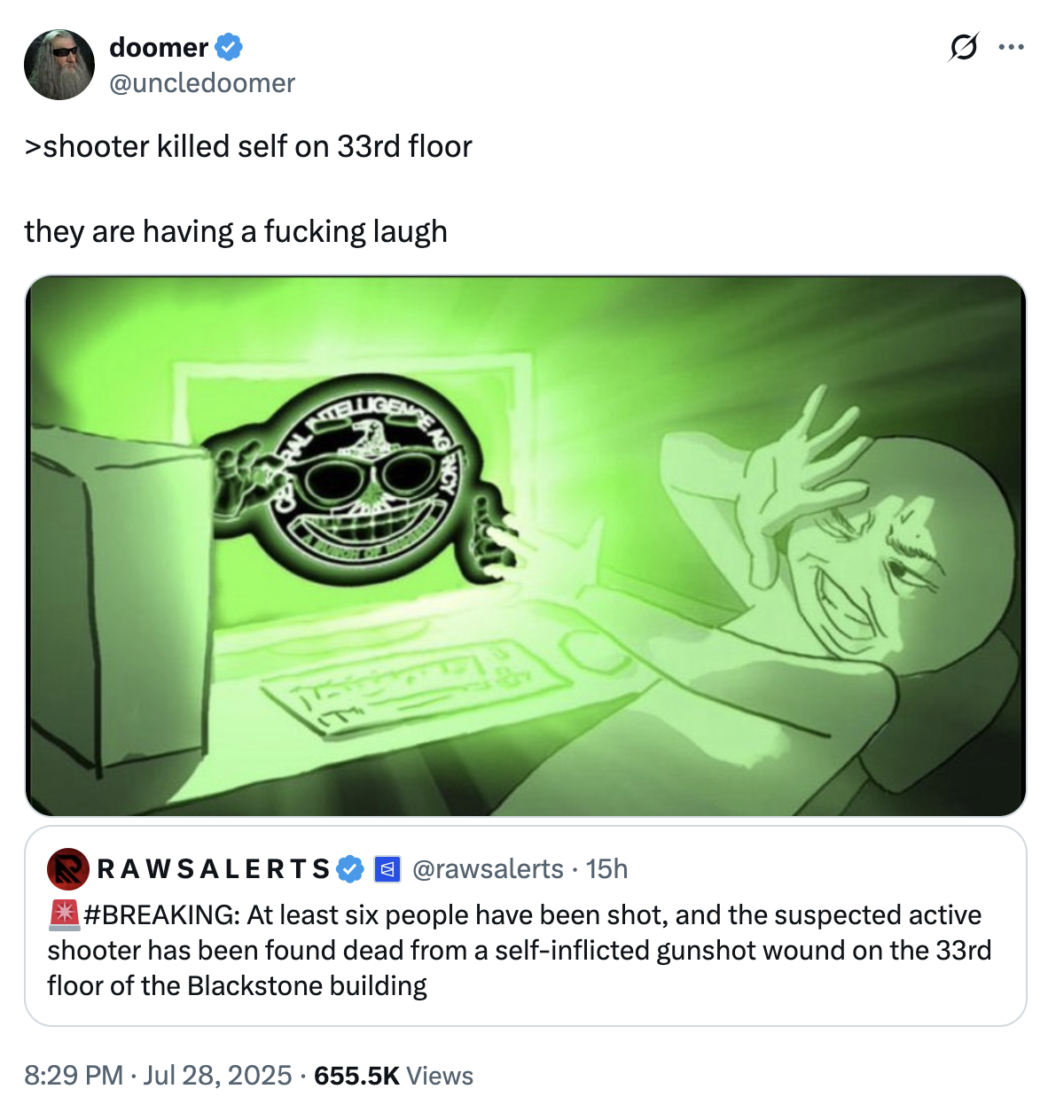 X user @Wordsarewordsz highlighted how Blackstone's chairman and CEO Stephen An Schwarzman is Jewish, implying in another tweet that the shooting was a "false flag" incident in order to push for gun control laws.