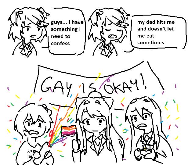 go les guys... i have something i need to confess my dad hits me and doesn't let me eat sometimes GAY, IS OKAY! 会