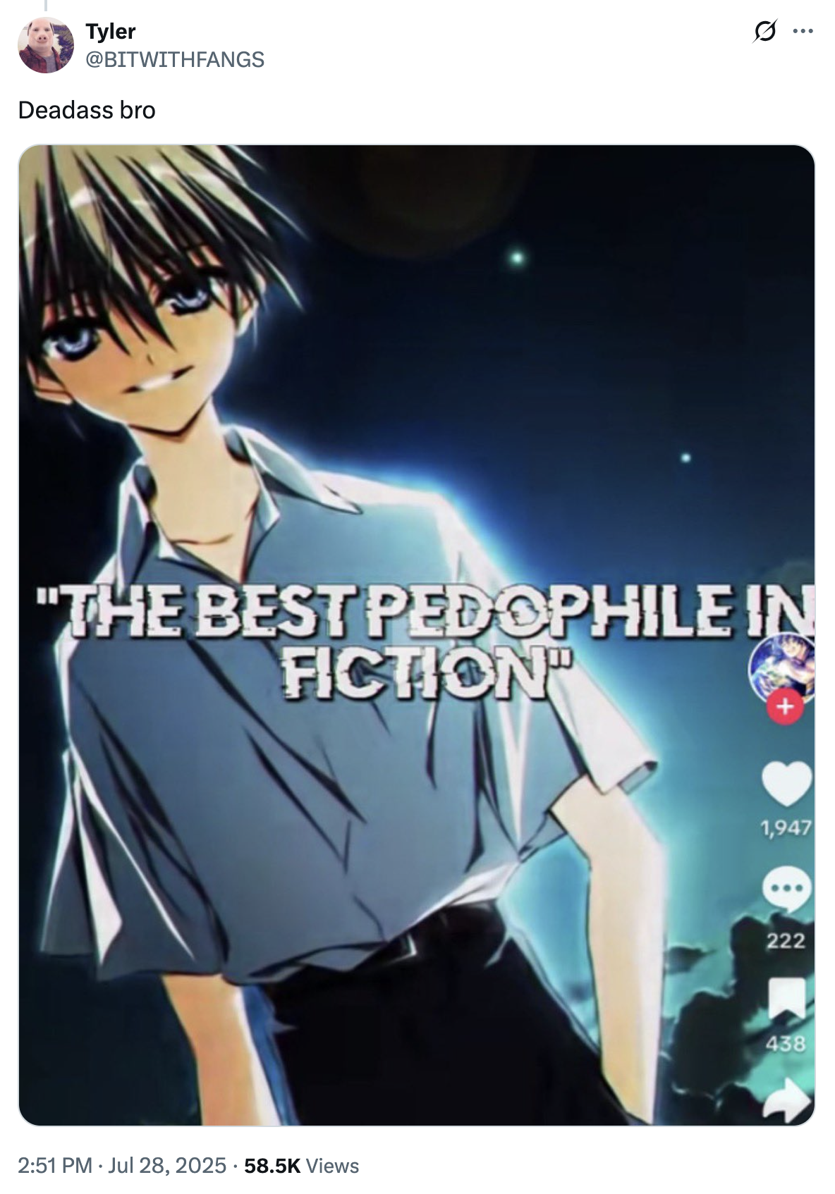 A "tweet":https://knowyourmeme.com/memes/sites/twitter-x using the Best P-------- in Fiction "TikTok":https://knowyourmeme.com/memes/sites/tiktok edit screenshot, showing the _Subarashiki Hibi_ character Mamiya Takuji.