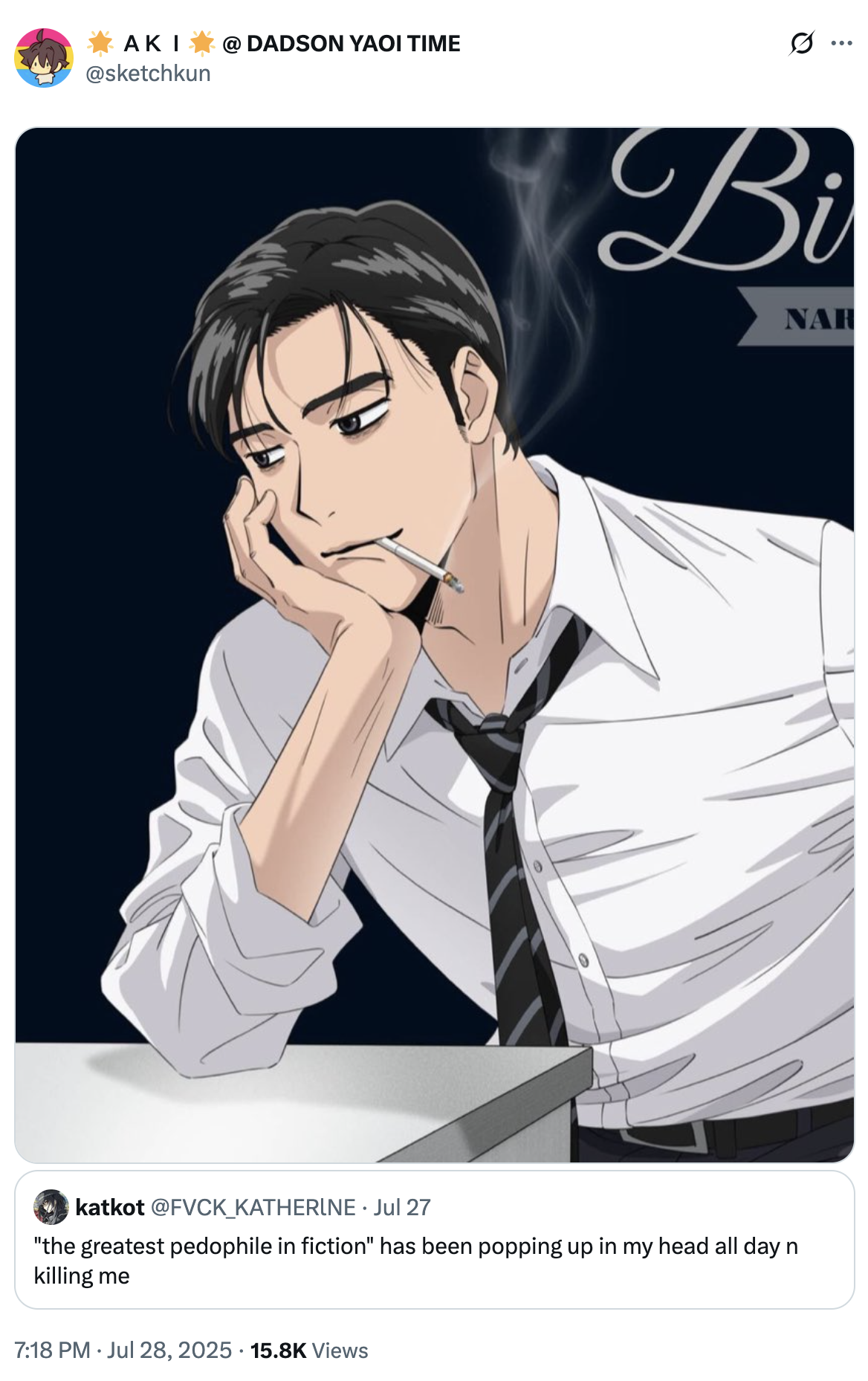 A "tweet":https://knowyourmeme.com/memes/sites/twitter-x using the Best P-------- in Fiction "TikTok":https://knowyourmeme.com/memes/sites/tiktok edit screenshot, showing the _Subarashiki Hibi_ character Mamiya Takuji.