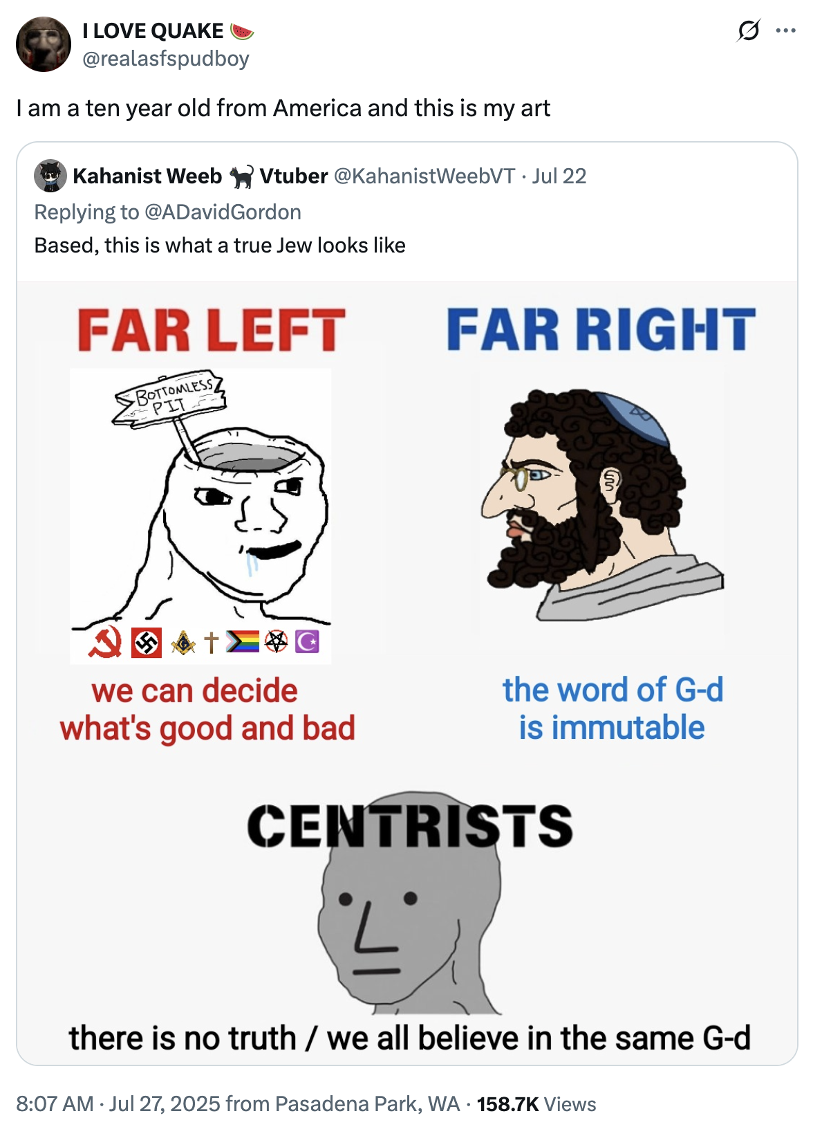A "quote-tweet":https://knowyourmeme.com/memes/quote-retweets-qrts mocking a "Wojak Comic":https://knowyourmeme.com/memes/subcultures/wojak-comics with political messaging, saying, "I am a ten year old from America and this is my art."