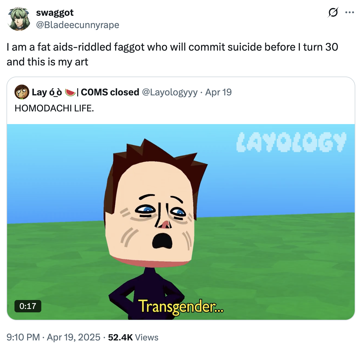 A "tweet":https://knowyourmeme.com/memes/sites/twitter-x using the I Am a X From Y and This Is My Z to mock an "AIDS-riddled fаggot who will commit suicide before [they] turn 30."
