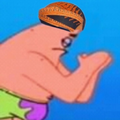 "Blangkon" is the traditional headwear of Javanese people in Indonesia. Patrick's pose (from his fishnet dance in SpongeBob SquarePants The Movie) resembles the traditional bow practiced from a servant to someone with higher reputation.