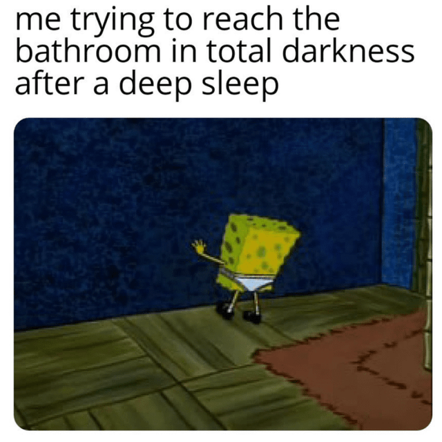 me trying to reach the bathroom in total darkness after a deep sleep