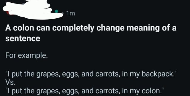 1m A colon can completely change meaning of a sentence For example. "I put the grapes, eggs, and carrots, in my backpack." Vs. "I put the grapes, eggs, and carrots, in my colon."