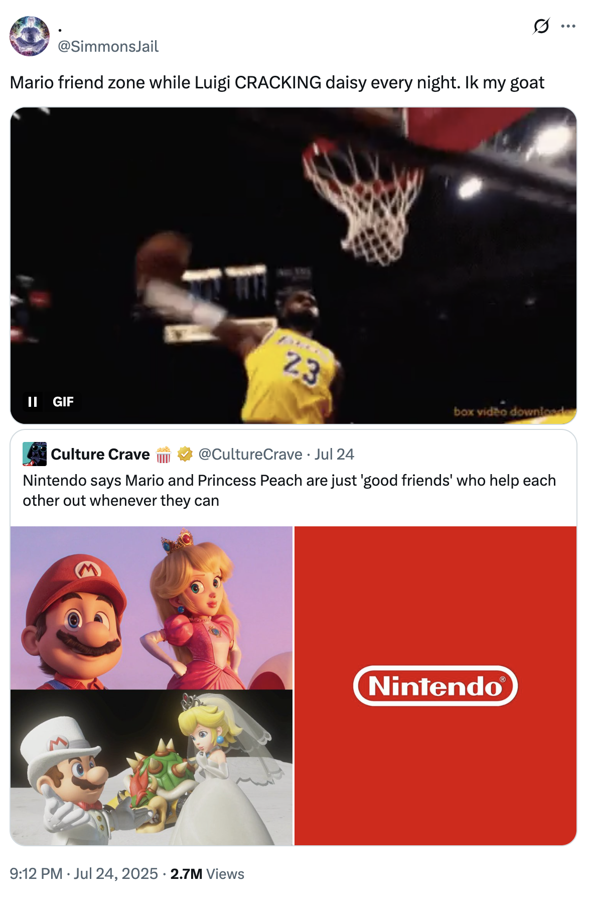 A "quote-tweet":https://knowyourmeme.com/memes/quote-retweets-qrts using a "GIF":https://knowyourmeme.com/memes/cultures/gif of "LeBron James":https://knowyourmeme.com/memes/people/lebron-james dunking.