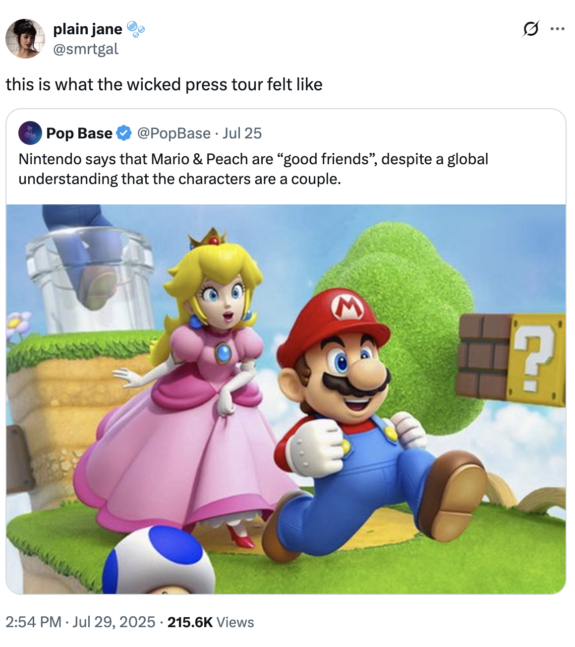 A "quote-tweet":https://knowyourmeme.com/memes/quote-retweets-qrts of a post about "Mario":https://knowyourmeme.com/memes/subcultures/super-mario and "Princess Peach":https://knowyourmeme.com/search?context=&sort=&q=Princess+Peach only being "good friends."