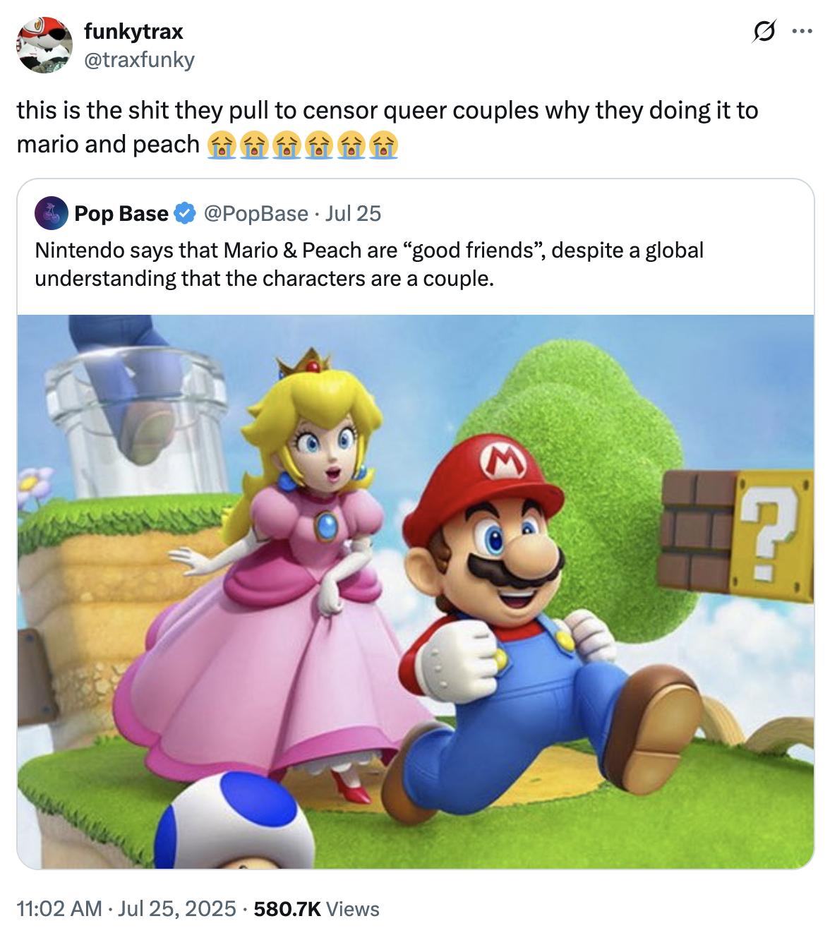 A "quote-tweet":https://knowyourmeme.com/memes/quote-retweets-qrts of a post about "Mario":https://knowyourmeme.com/memes/subcultures/super-mario and "Princess Peach":https://knowyourmeme.com/search?context=&sort=&q=Princess+Peach only being "good friends."