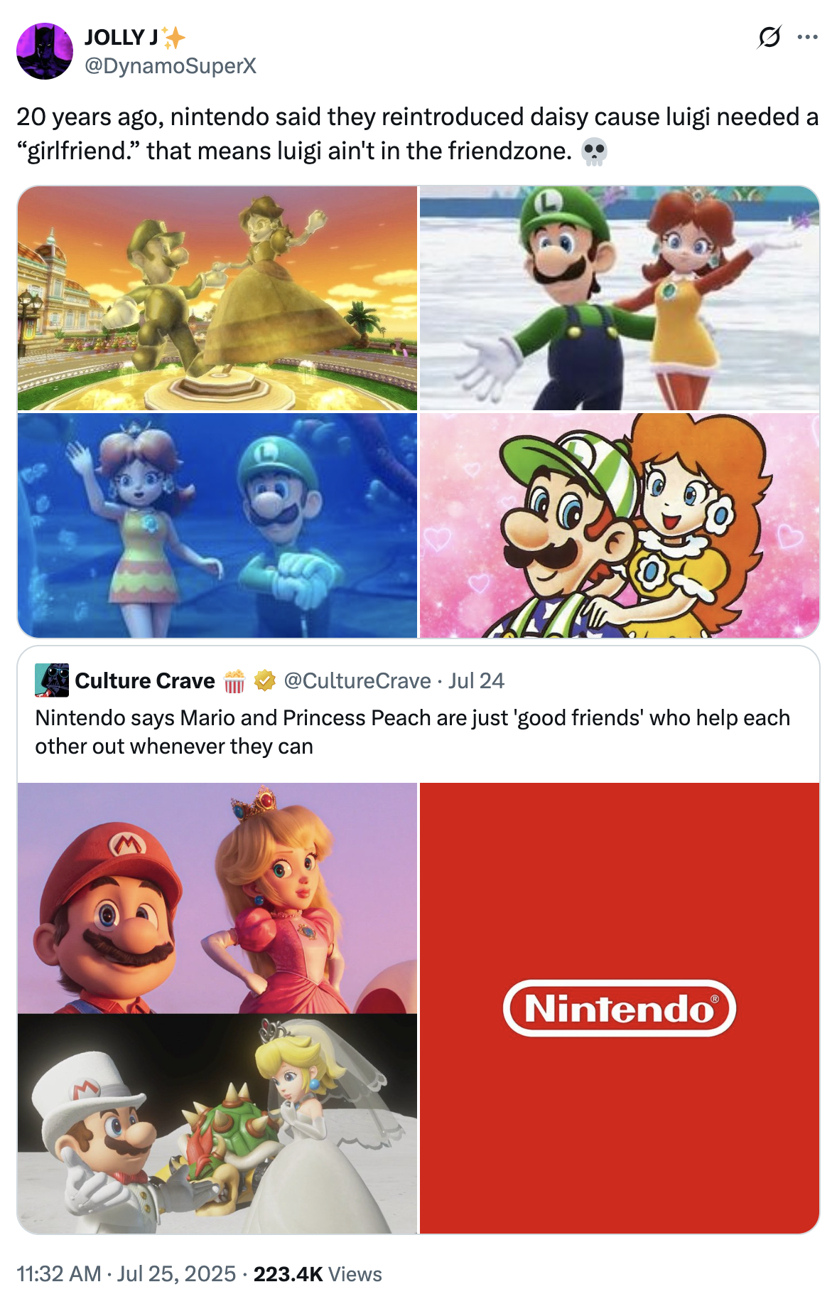 A "quote-tweet":https://knowyourmeme.com/memes/quote-retweets-qrts of a post about "Mario":https://knowyourmeme.com/memes/subcultures/super-mario and "Princess Peach":https://knowyourmeme.com/search?context=&sort=&q=Princess+Peach only being "good friends."