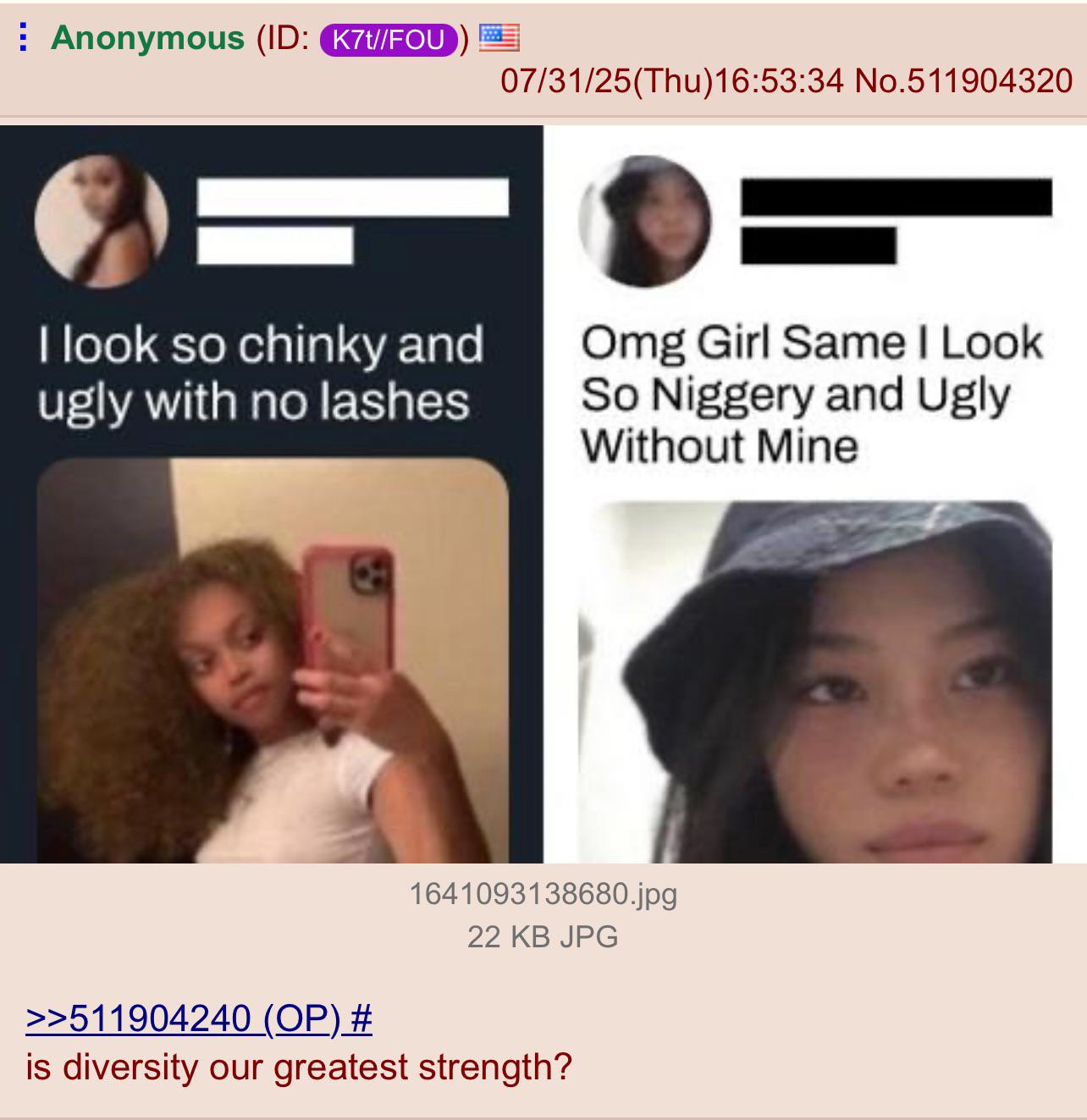 Anonymous (ID: K7t//FOU 07/31/25(Thu)16:53:34 No.511904320 I look so chinky and ugly with no lashes Omg Girl Same I Look So Niggery and Ugly Without Mine >>511904240 (OP) # 1641093138680.jpg 22 KB JPG is diversity our greatest strength?