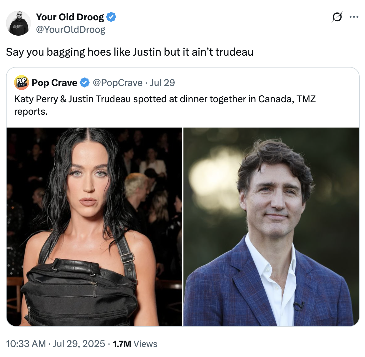 A "quote-tweet":https://knowyourmeme.com/memes/quote-retweets-qrts joking about former "Canadian":https://knowyourmeme.com/memes/cultures/canada Prime Minister "Justin Trudeau":https://knowyourmeme.com/memes/people/justin-trudeau and American pop singer "Katy Perry":https://knowyourmeme.com/memes/people/katy-perry having dinner in late July 2025.