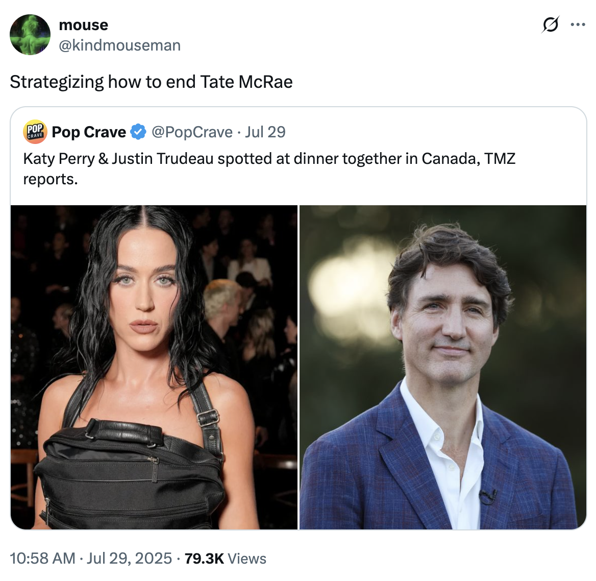 A "quote-tweet":https://knowyourmeme.com/memes/quote-retweets-qrts joking about former "Canadian":https://knowyourmeme.com/memes/cultures/canada Prime Minister "Justin Trudeau":https://knowyourmeme.com/memes/people/justin-trudeau and American pop singer "Katy Perry":https://knowyourmeme.com/memes/people/katy-perry having dinner in late July 2025.