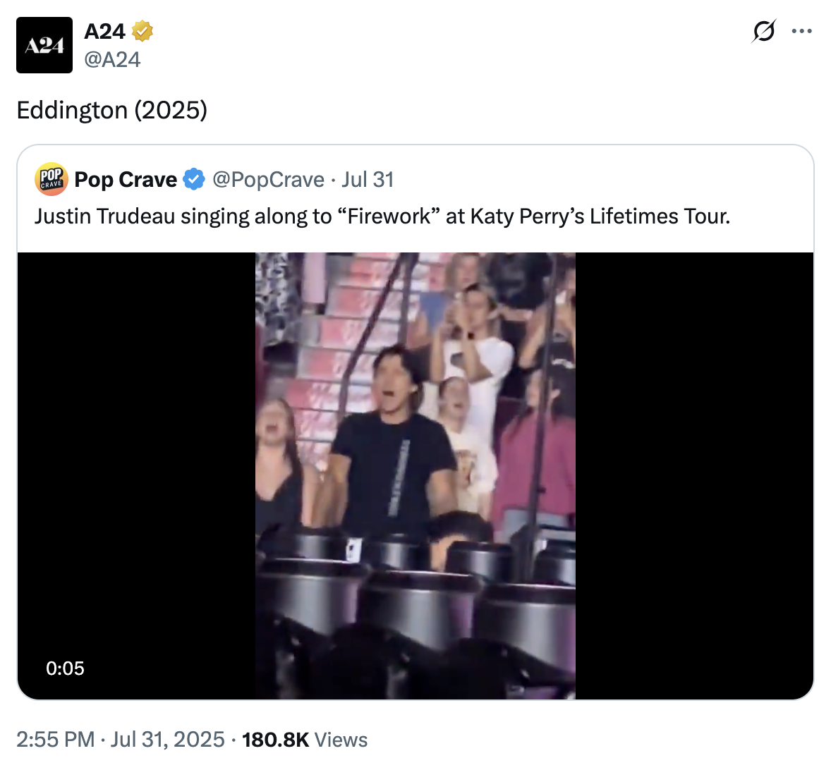 A "quote-tweet":https://knowyourmeme.com/memes/quote-retweets-qrts joking about former "Canadian":https://knowyourmeme.com/memes/cultures/canada Prime Minister "Justin Trudeau":https://knowyourmeme.com/memes/people/justin-trudeau and American pop singer "Katy Perry":https://knowyourmeme.com/memes/people/katy-perry having dinner in late July 2025.