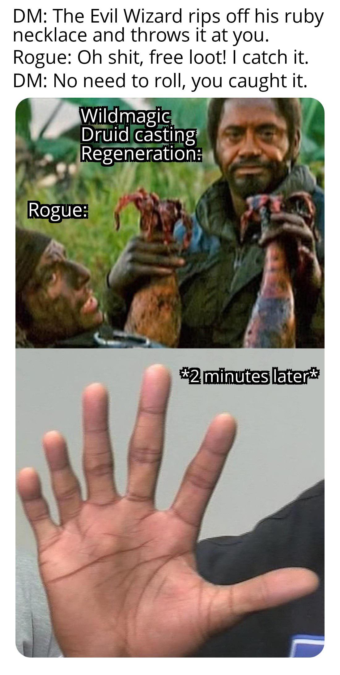 DM: The Evil Wizard rips off his ruby necklace and throws it at you. Rogue: Oh s---, free loot! I catch it. DM: No need to roll, you caught it. Wildmagic Druid casting Regeneration: Rogue: *2 minutes later*