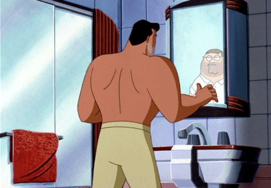 Super Guy shaving in mirror