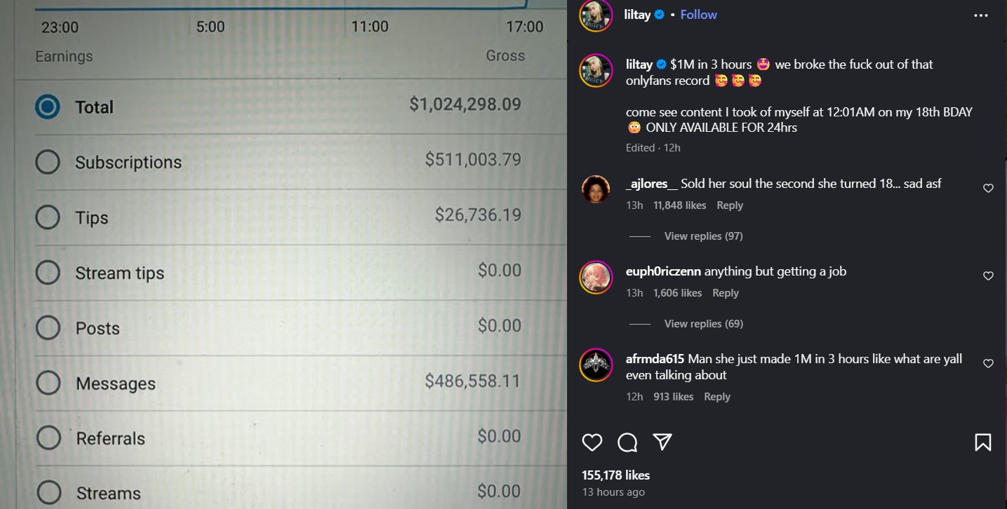 A screenshot of Lil Tay's OnlyFans earnings for the first day. The receipt claims she made over one million dollars in three hours.